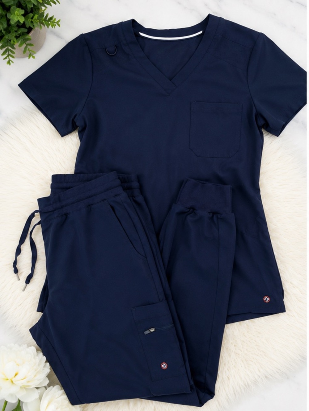 Navy V-Neck Scrub Set - Top & Jogger Pants